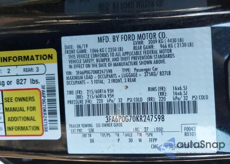 2019 Ford Fusion S z USA, uszkodzony, nr VIN 3FA6P0G70KR247598